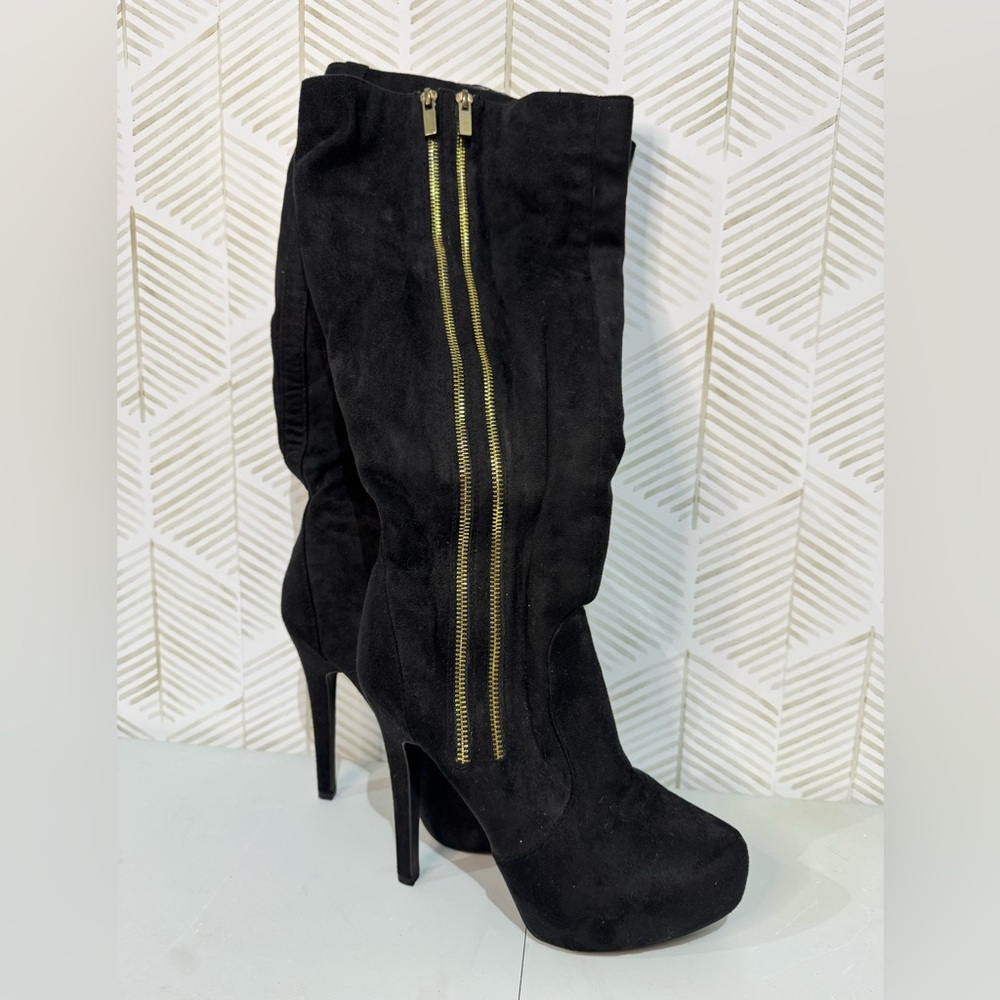 Black Faux Suede Gold Zipper Knee High Donatelle Just Fab Wide Calf Boots Sz‎ 9